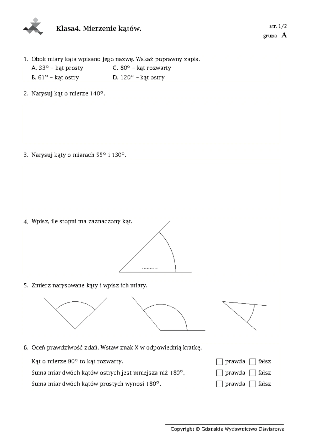 Sprawdzian Z Matematyki Mierzenie Kątów Klasa 5 www.studocu.com