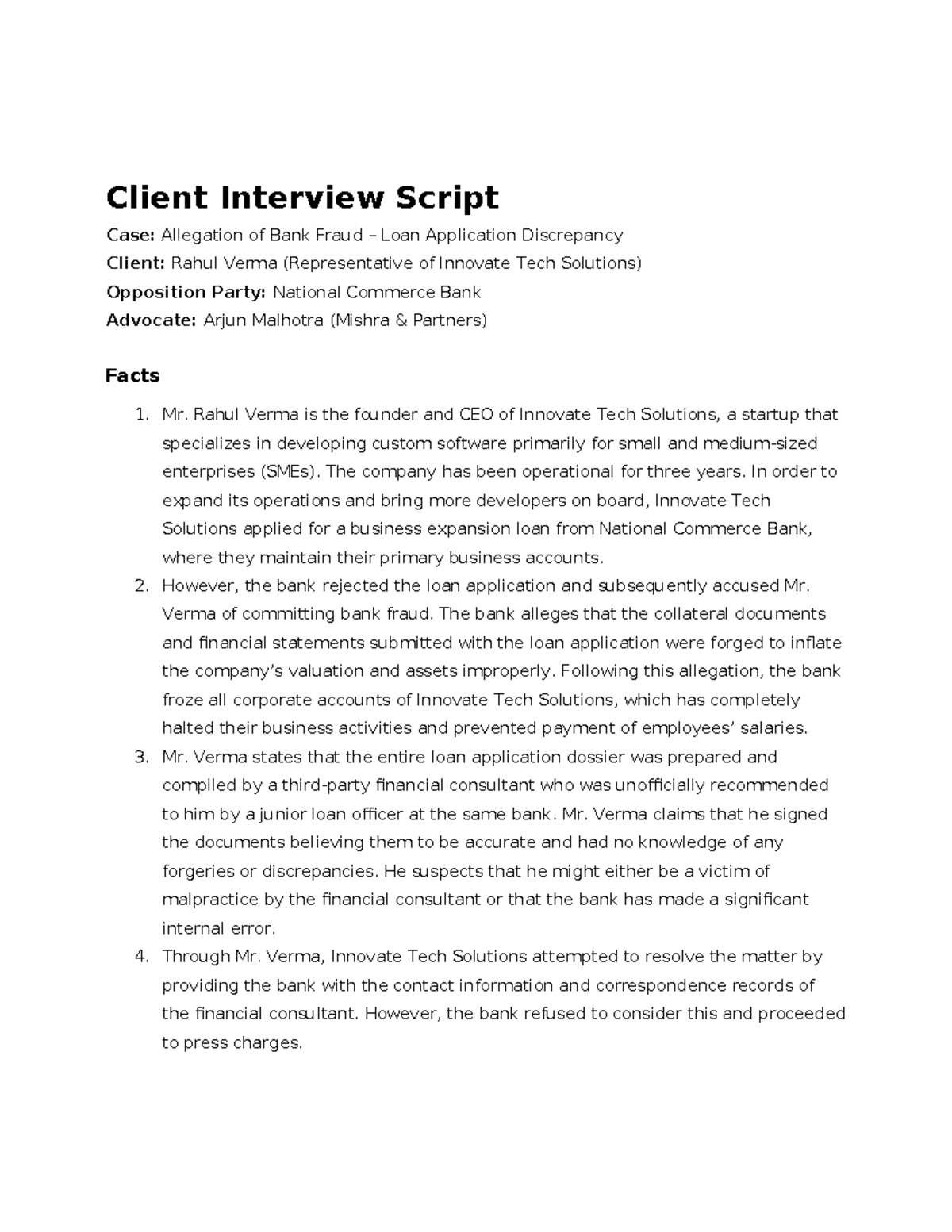 Client Interview Script: Allegation of Bank Fraud - Innovate Tech ...