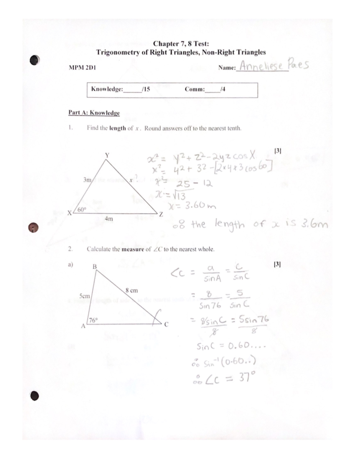 Chapter 7, 8 Test - Notes - Chapter 7, 8 Test: Trigonometry of Right ...