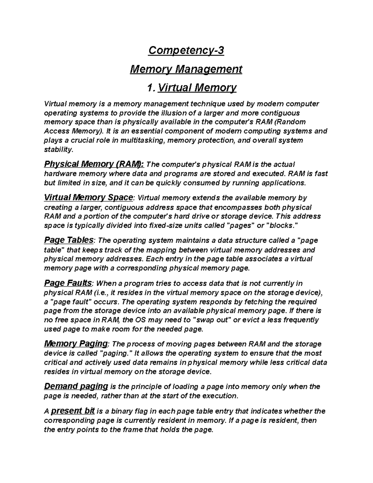 C191 C3- Memory Management - Competency- Memory Management 1. Virtual ...
