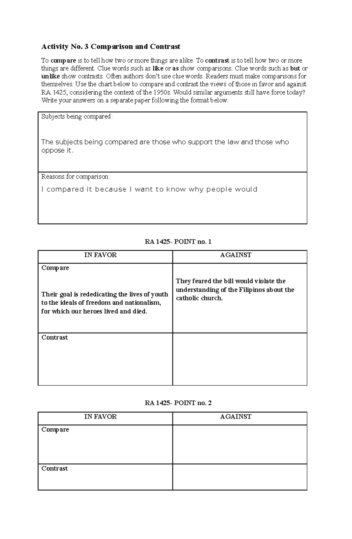 Activity No 3. history 10 - Activity No. 3 Comparison and Contrast To ...