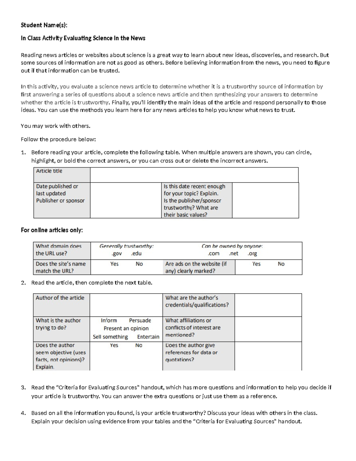 In-Class Activity: Evaluating Science News Articles for Trustworthiness ...