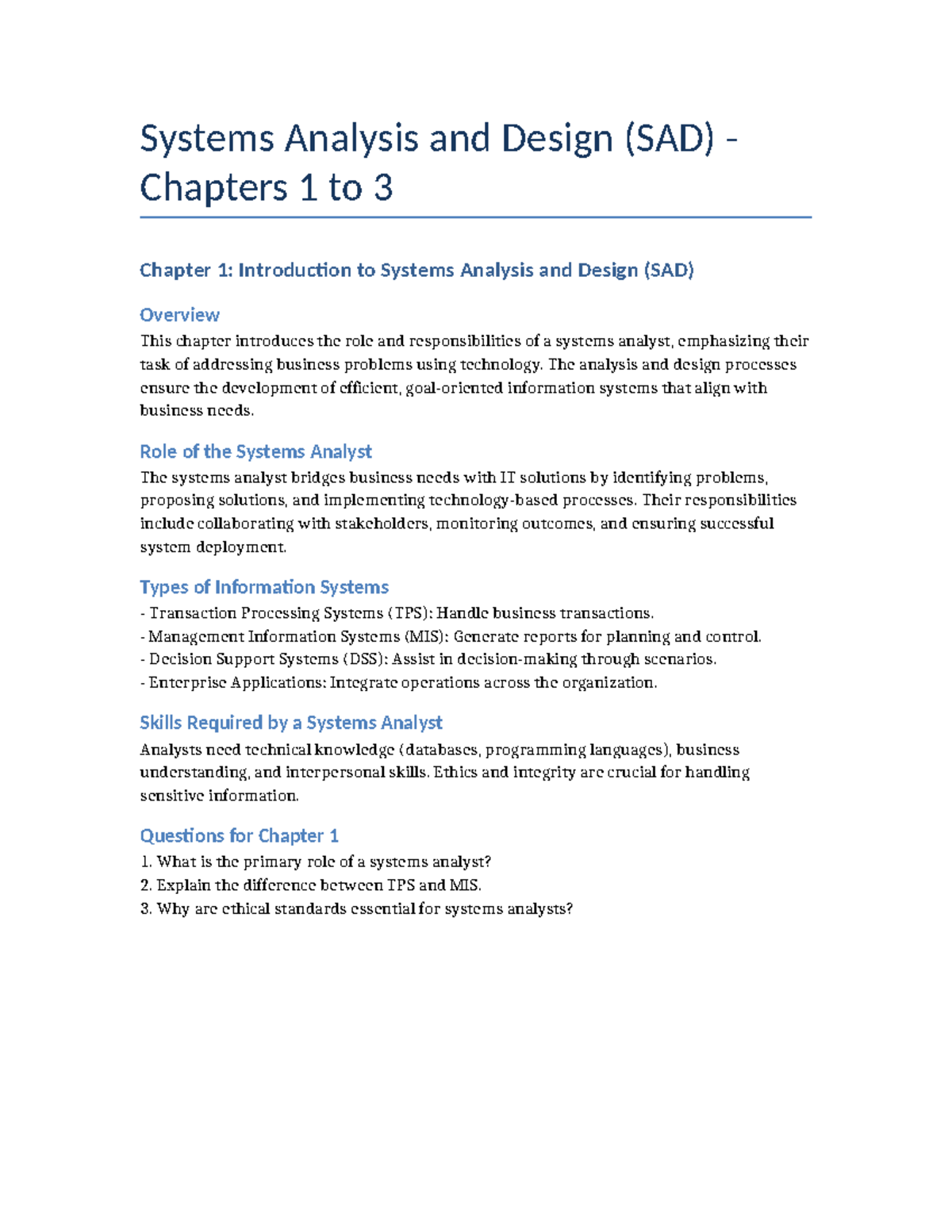 SAD Chapters 1-3 Overview and Questions for Study - Studocu