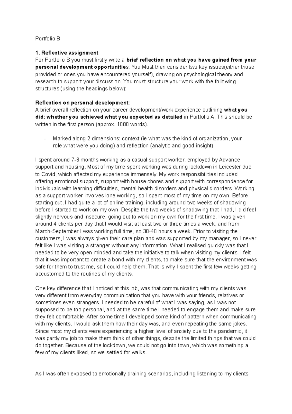 PSYC3033 Portfolio B: Reflection on Personal Development & Issues - Studocu