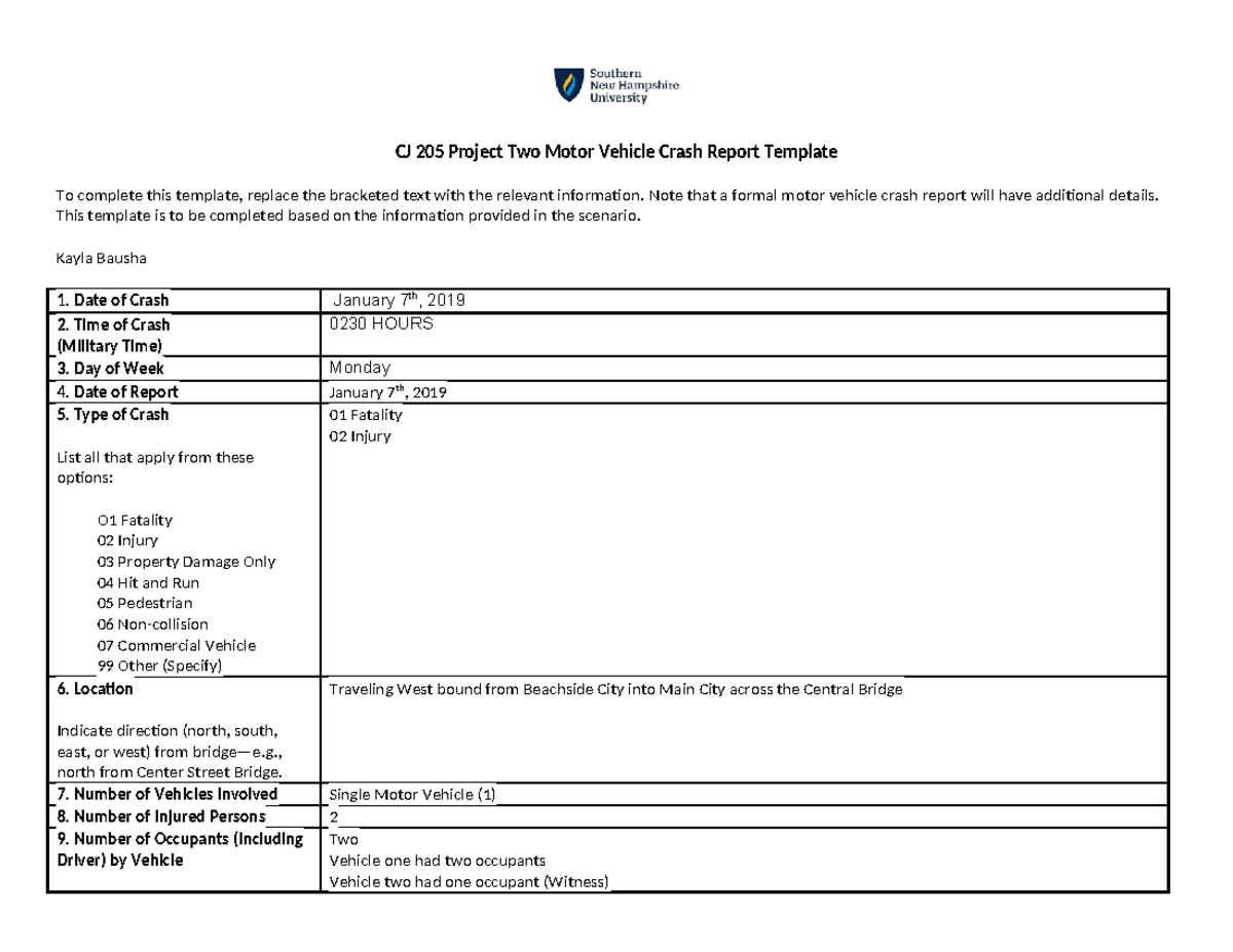 CJ 205 Motor Vehicle Crash Report Template - Project Two Guide - Studocu