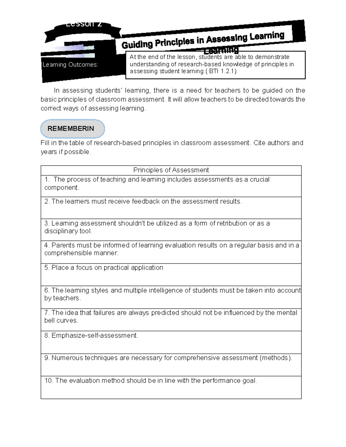 Lesson 2 - Key Principles in Student Learning Assessment - Studocu