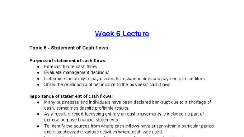 Week 6 Lecture & Tutorial: Statement of Cash Flows Explained - Studocu