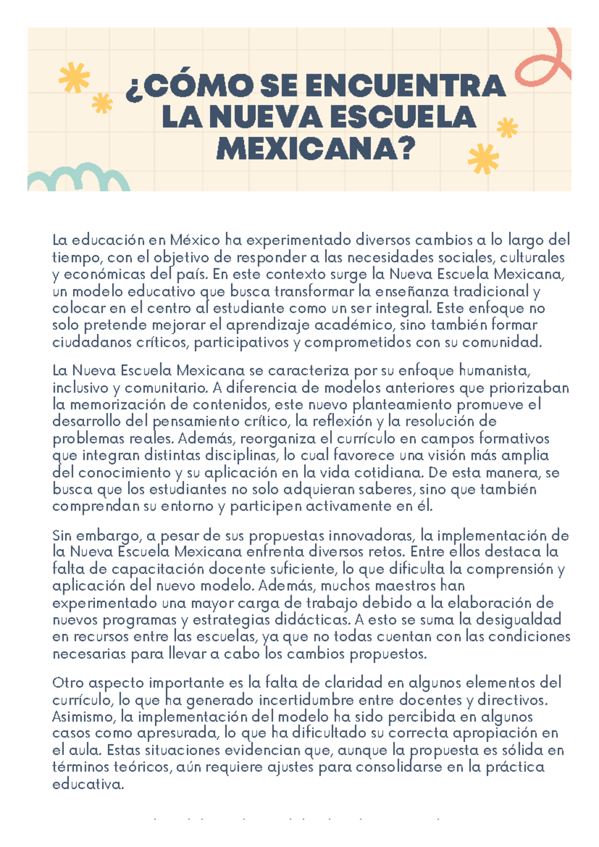 NEM - Análisis de la Nueva Escuela Mexicana en la Educación - Studocu