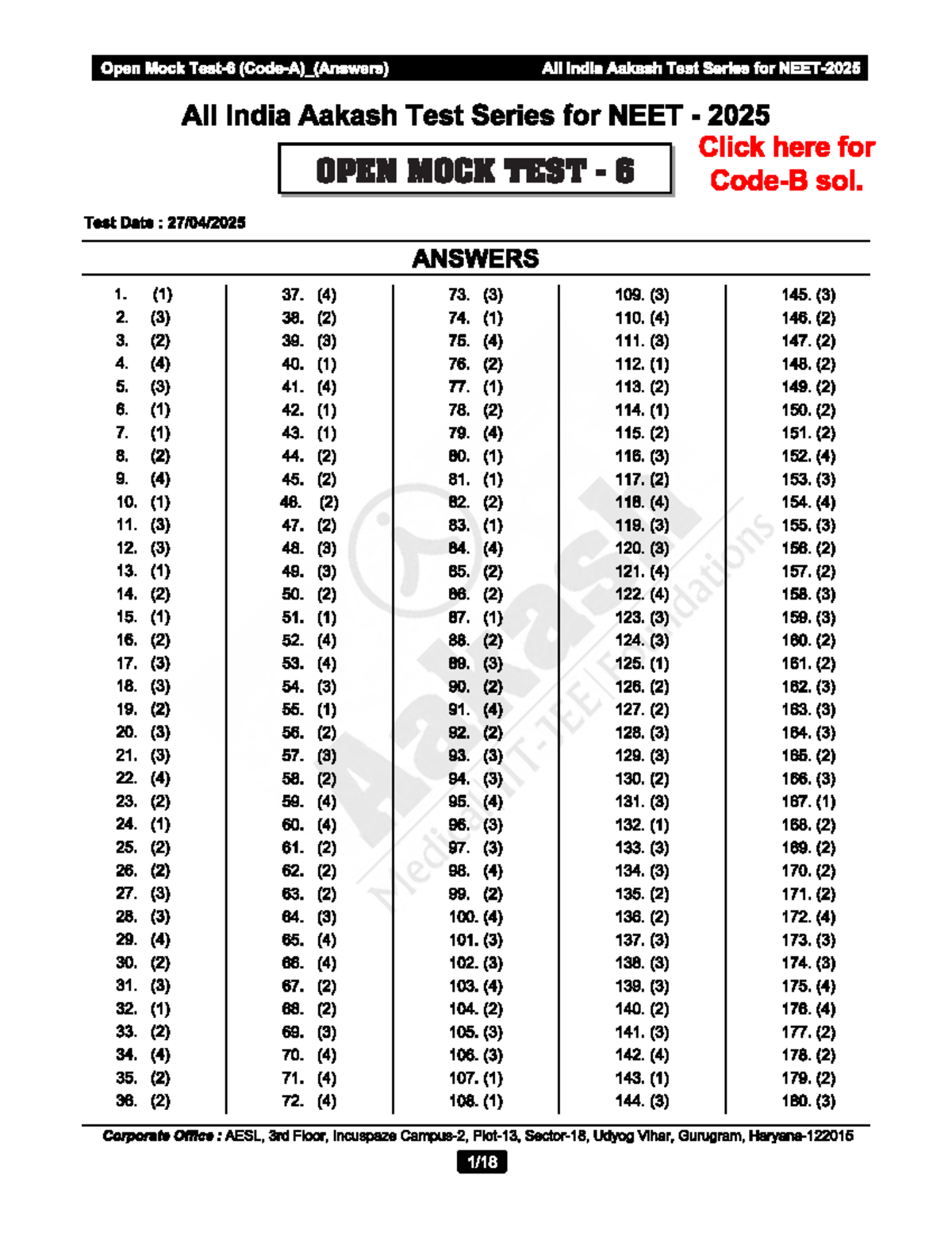 All India Aakash Test Series for NEET 2025: Open Mock Test 6 Solutions ...