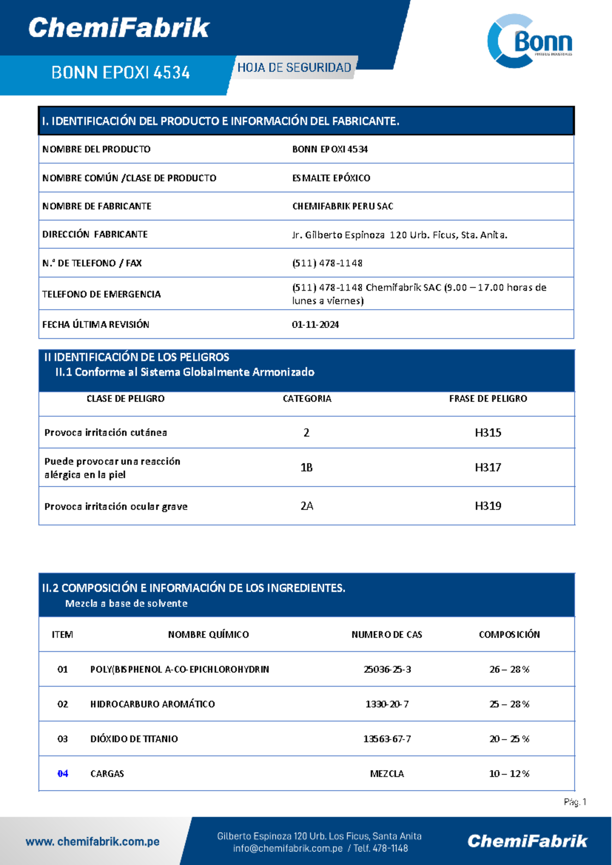 FICHA DE SEGURIDAD DEL PRODUCTO: BONN EPOXI 4534 - Document Preview