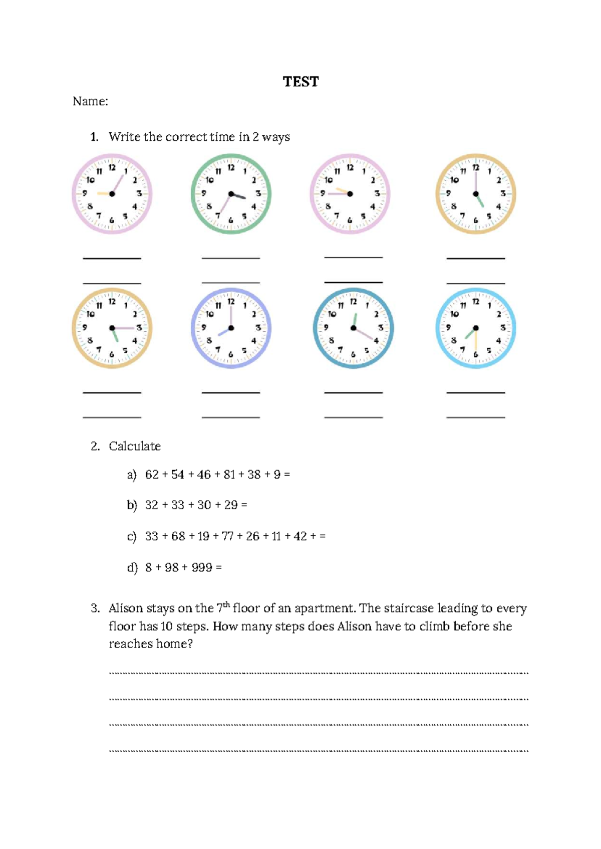 Test IQ1 - Math problems and time calculations for students - Studocu