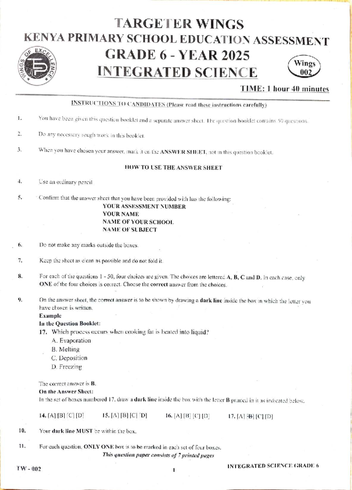 TW 002 Integrated Science G6 Assessment for Year 2025 - Studocu
