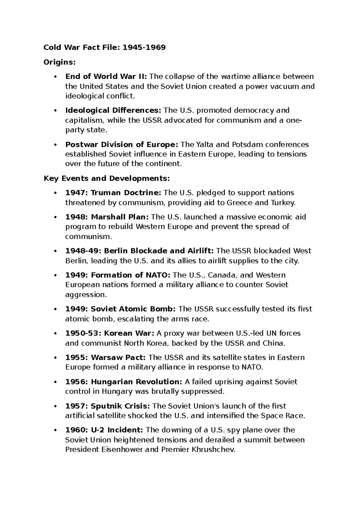 Cold War Fact File: Key Events and Ideological Conflicts - Studocu