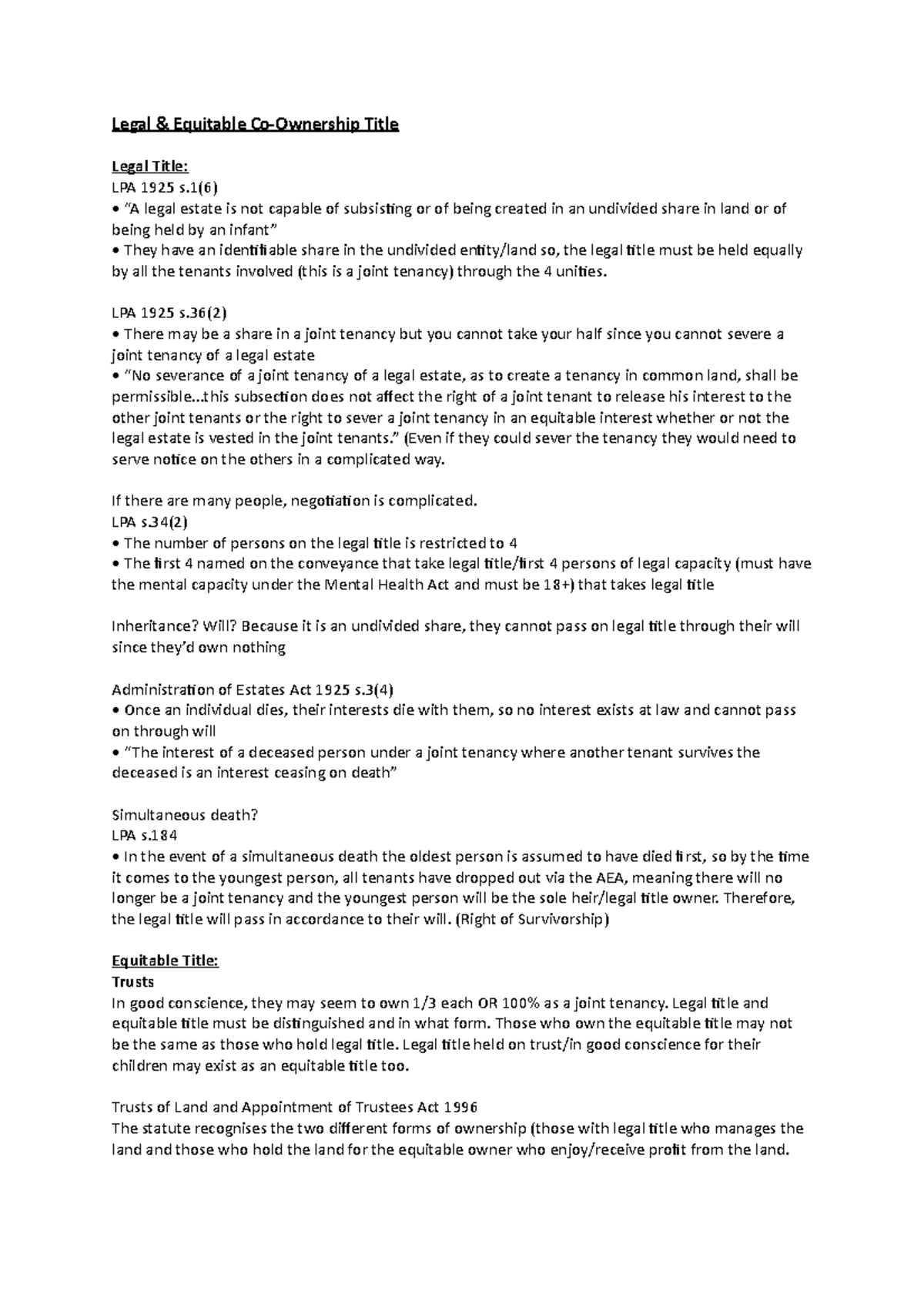 Legal & Equitable Co-Ownership Title Review (LAW 301) - Studocu