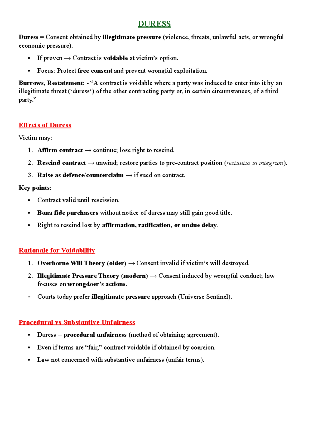 DURESS: Understanding Illegitimate Pressure in Contract Law - Studocu