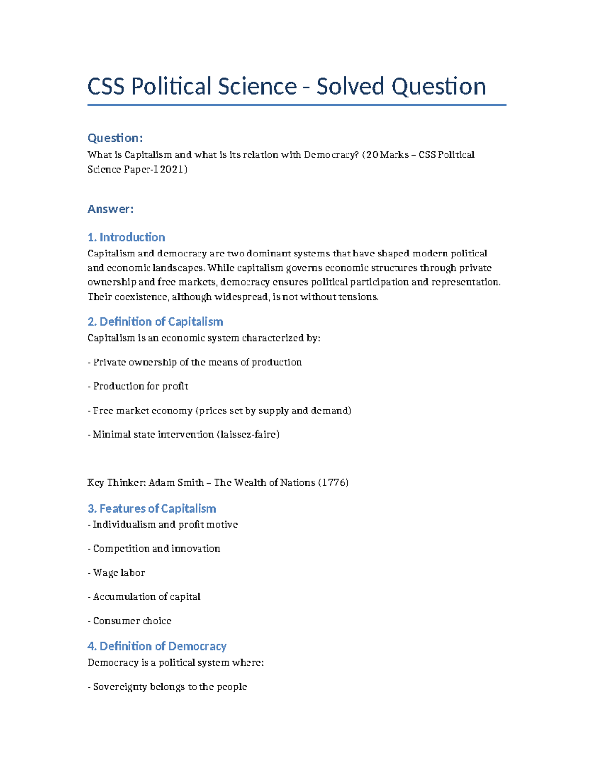 Capitalism and Democracy: CSS Political Science 2021 Solved Q&A - Studocu