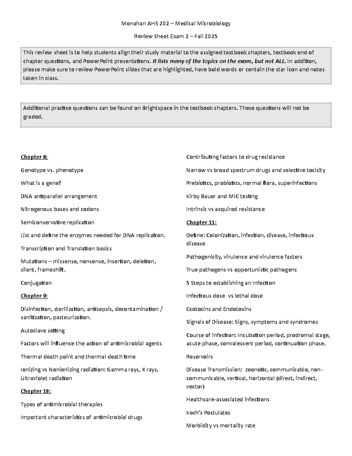 AHS 202 Medical Microbiology Review Sheet for Exam 2 - Fall 2025 - Studocu