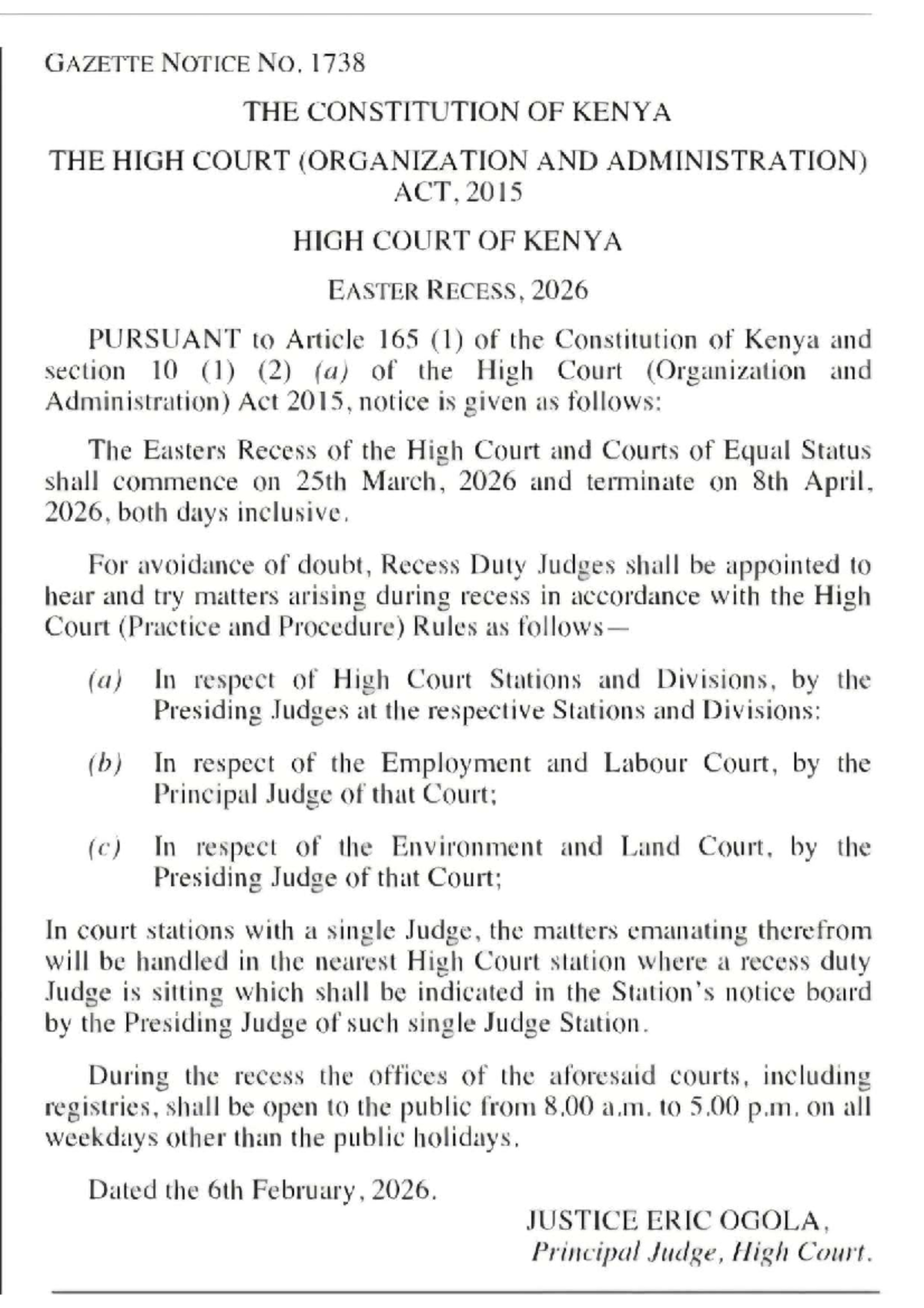 GAZETTE NOTICE NO. 1738: High Court Easter Recess 2026 - Studocu