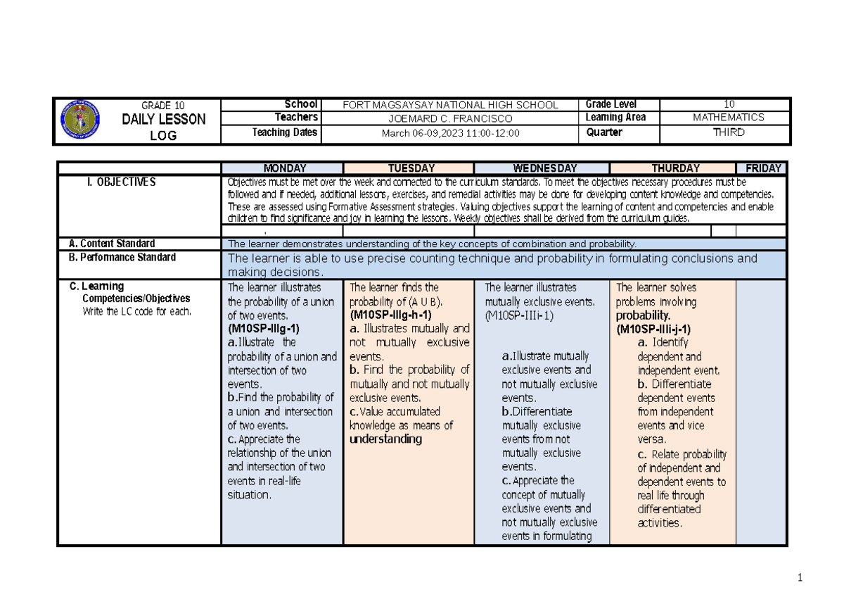DLL WEEK 4 Lesson Plan on Probability (LC41-44) - Math 10 - Studocu
