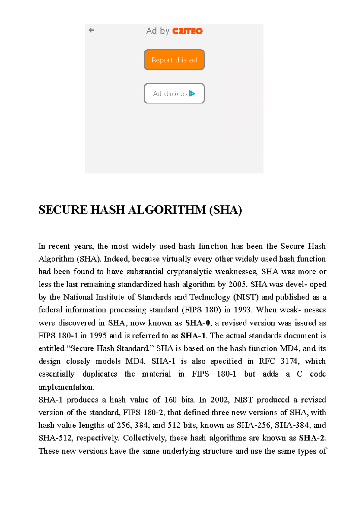 Secure Hash Algorithm (SHA) - Indeed, because virtually every other ...