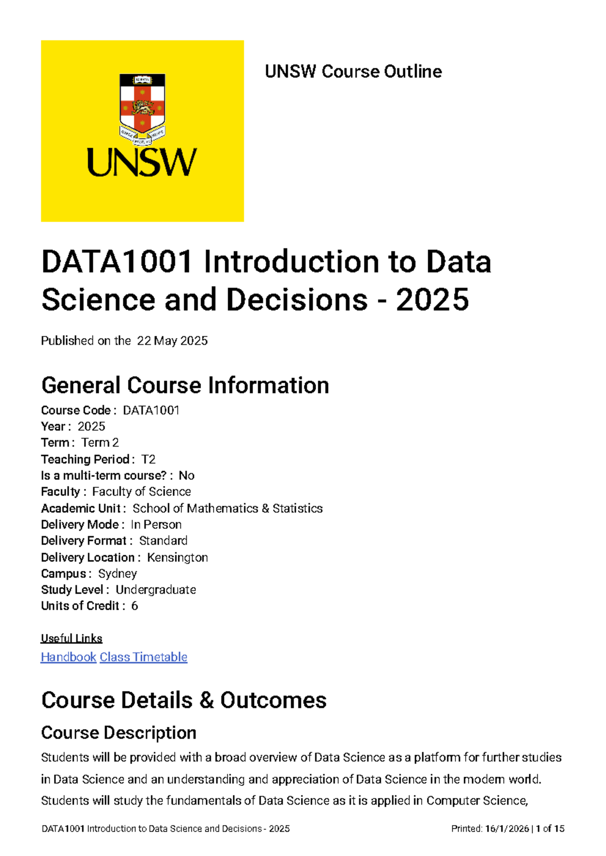 DATA1001 Course Outline: Introduction to Data Science & Decisions 2025 ...