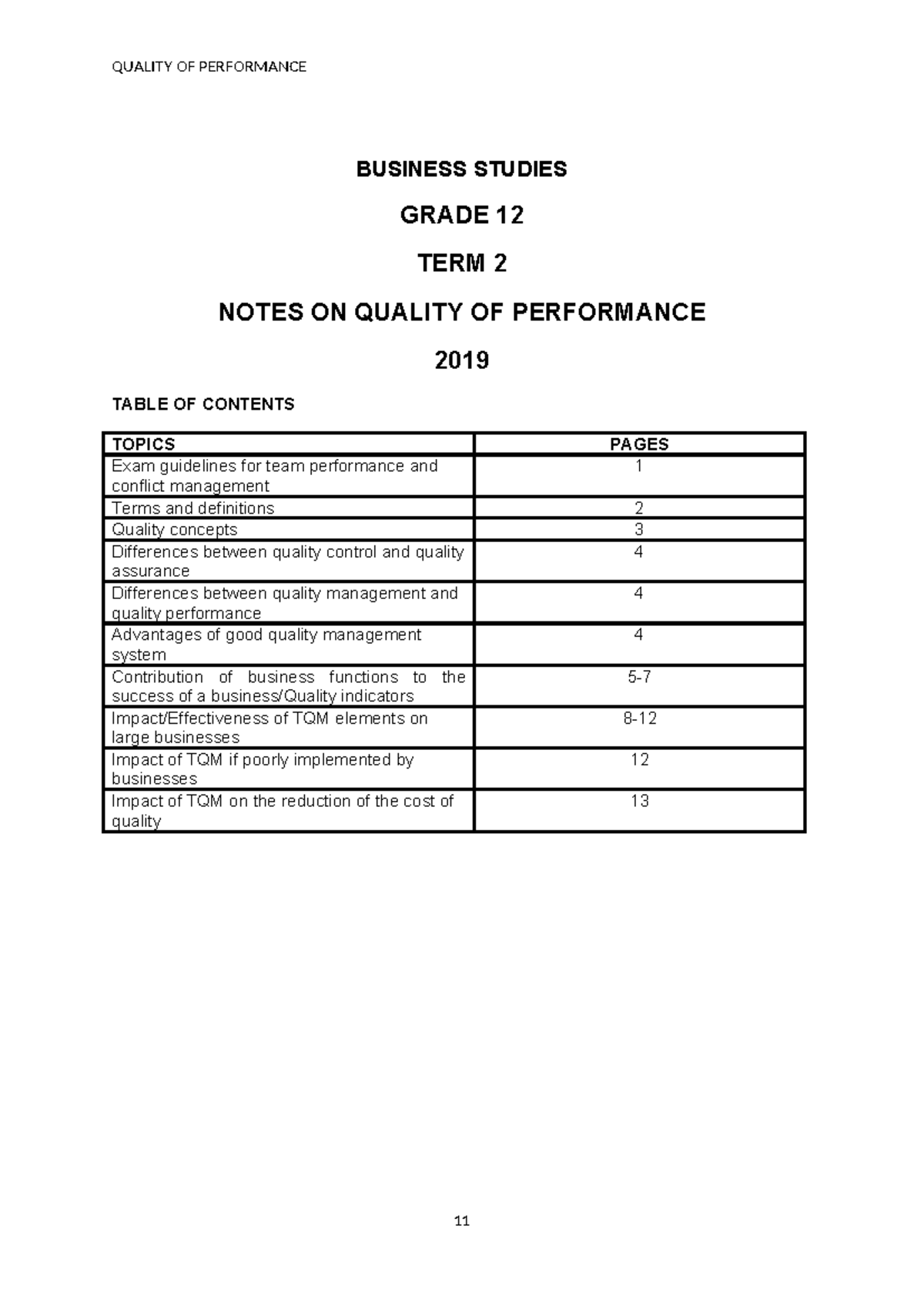 Business Studies Grade 12: Quality of Performance Notes for Term 2 ...