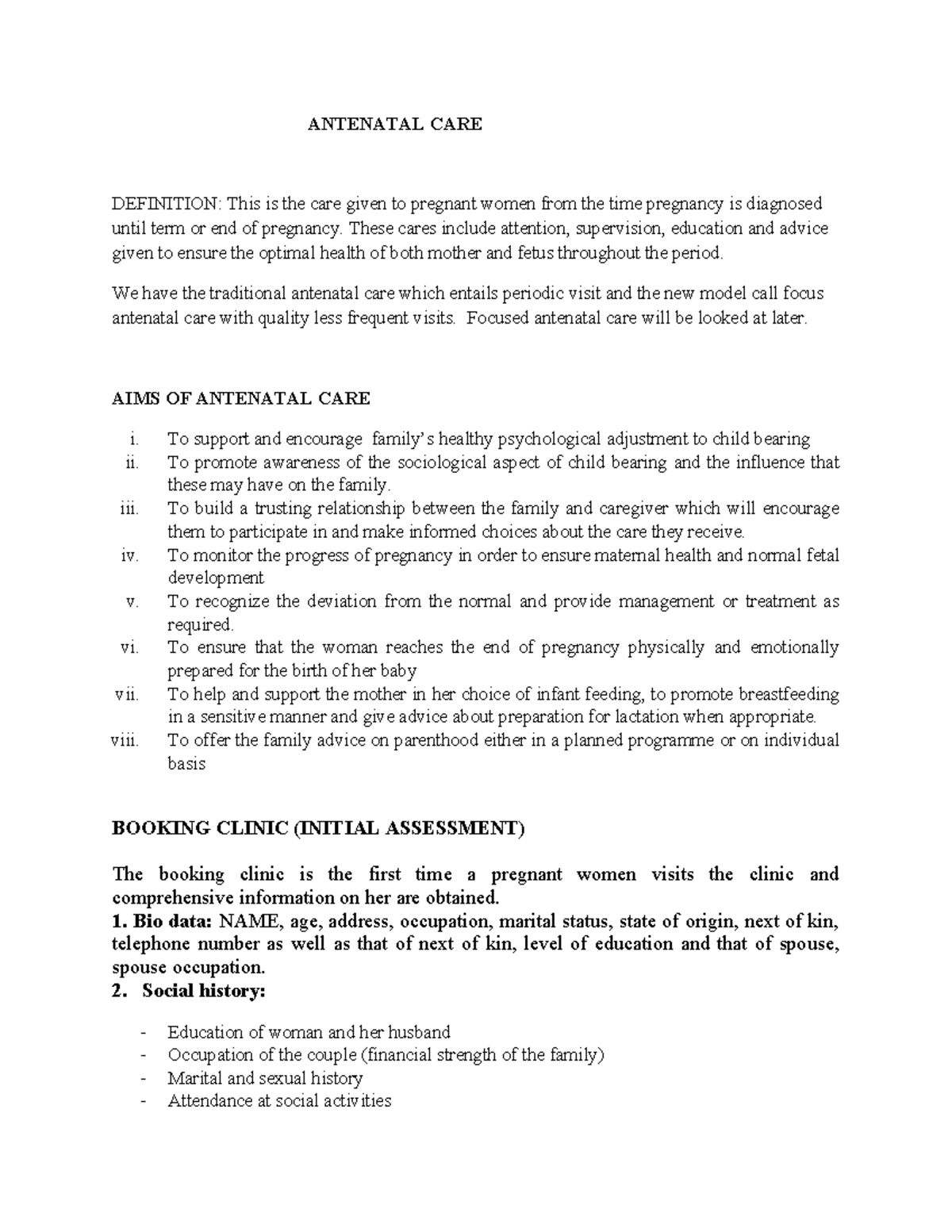 Antenatal Care - Midwifery Course (NUR 101) Comprehensive Guide - Studocu