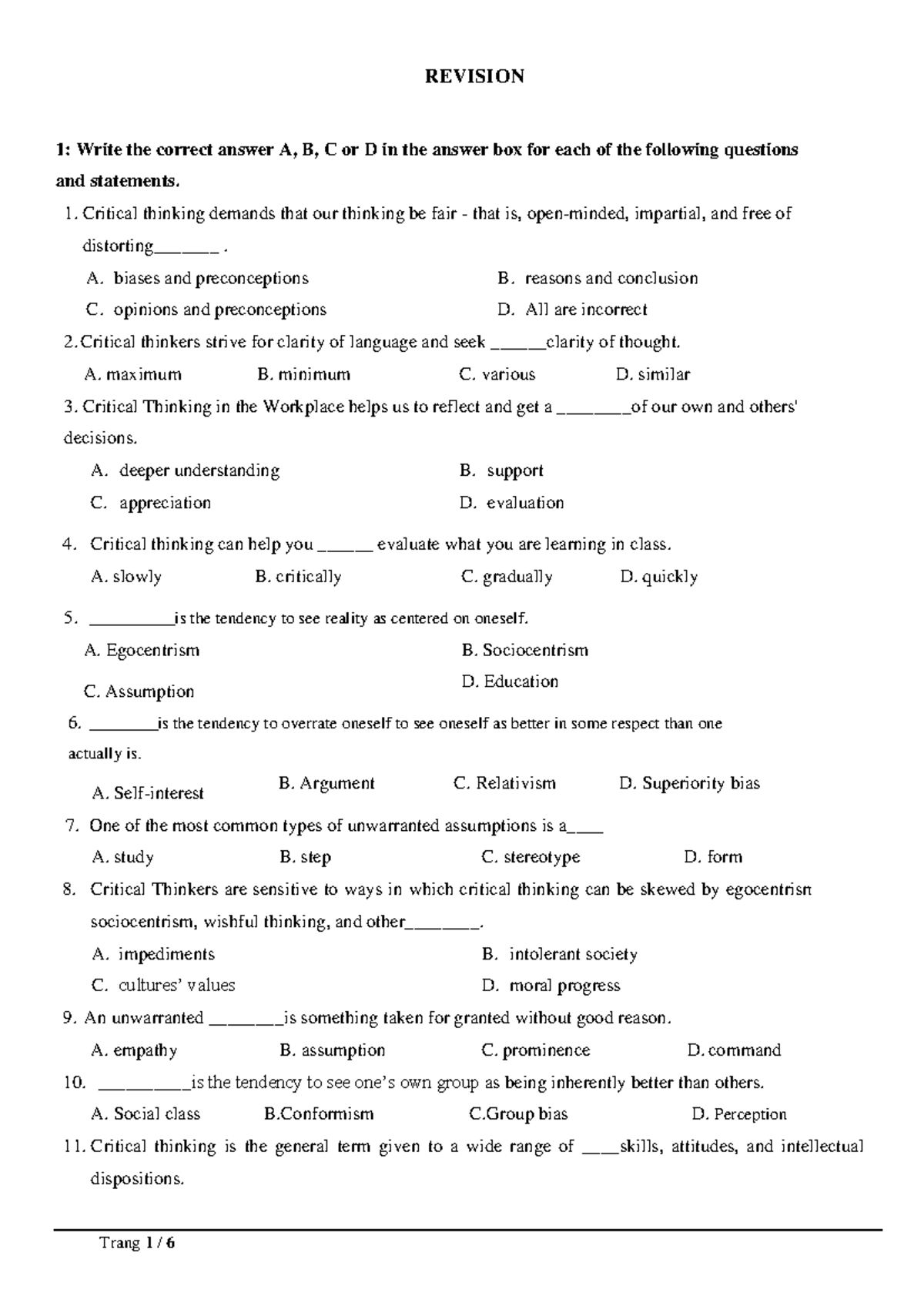 Critical Thinking Quiz Answers - Course Code 29.1 IN Revision - Studocu