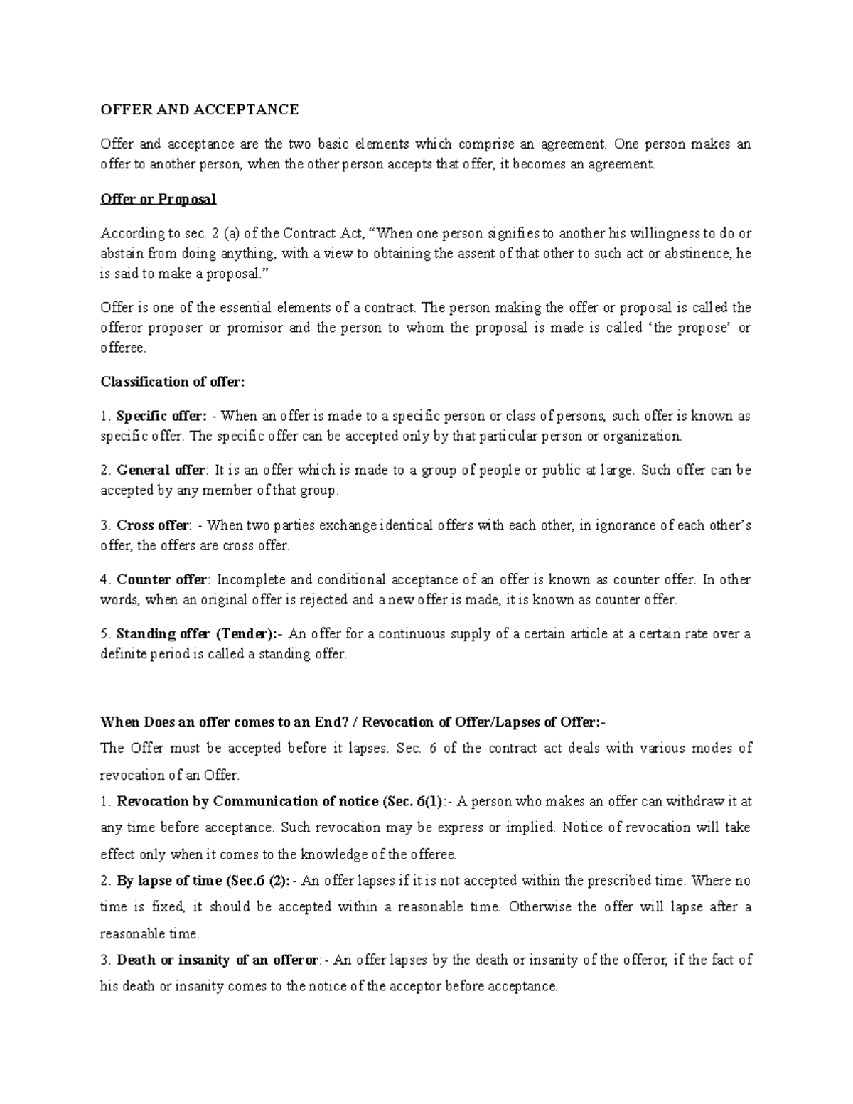 OFFER AND ACCEPTANCE: Key Concepts in Contract Law (BRF Chapter) - Studocu