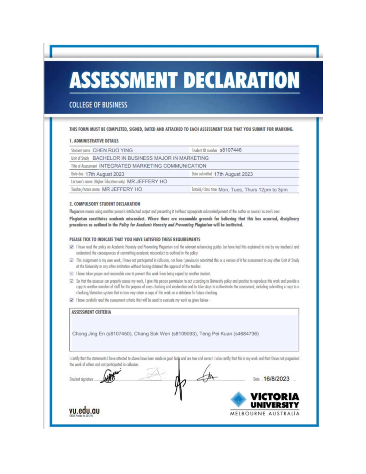 IMC Assesment 3 Group 1 s8107446 s8107450 s8109093 s4684736 - Table of ...