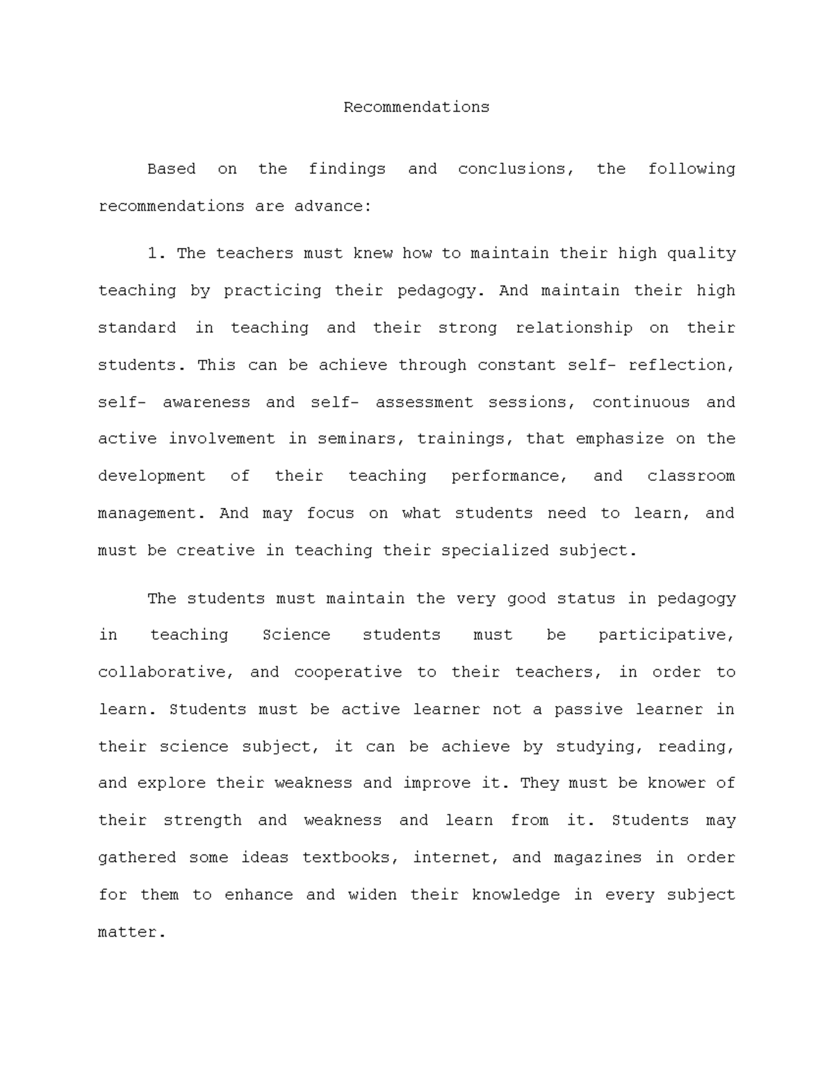 Recommendations for Improving Student Learning and Teacher Guidance ...