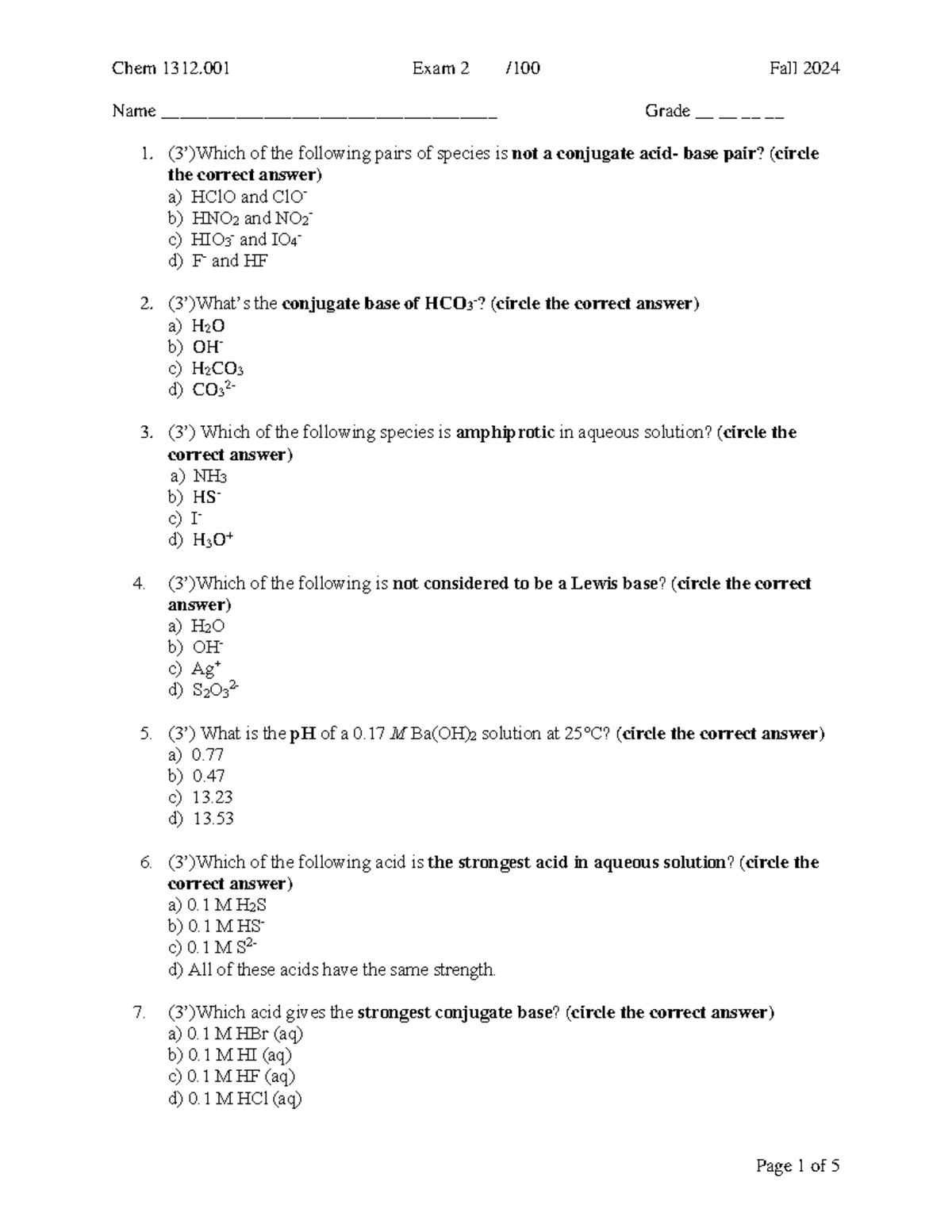 Chem 1312.001 Exam 2 Review Questions - Fall 2024 - Studocu
