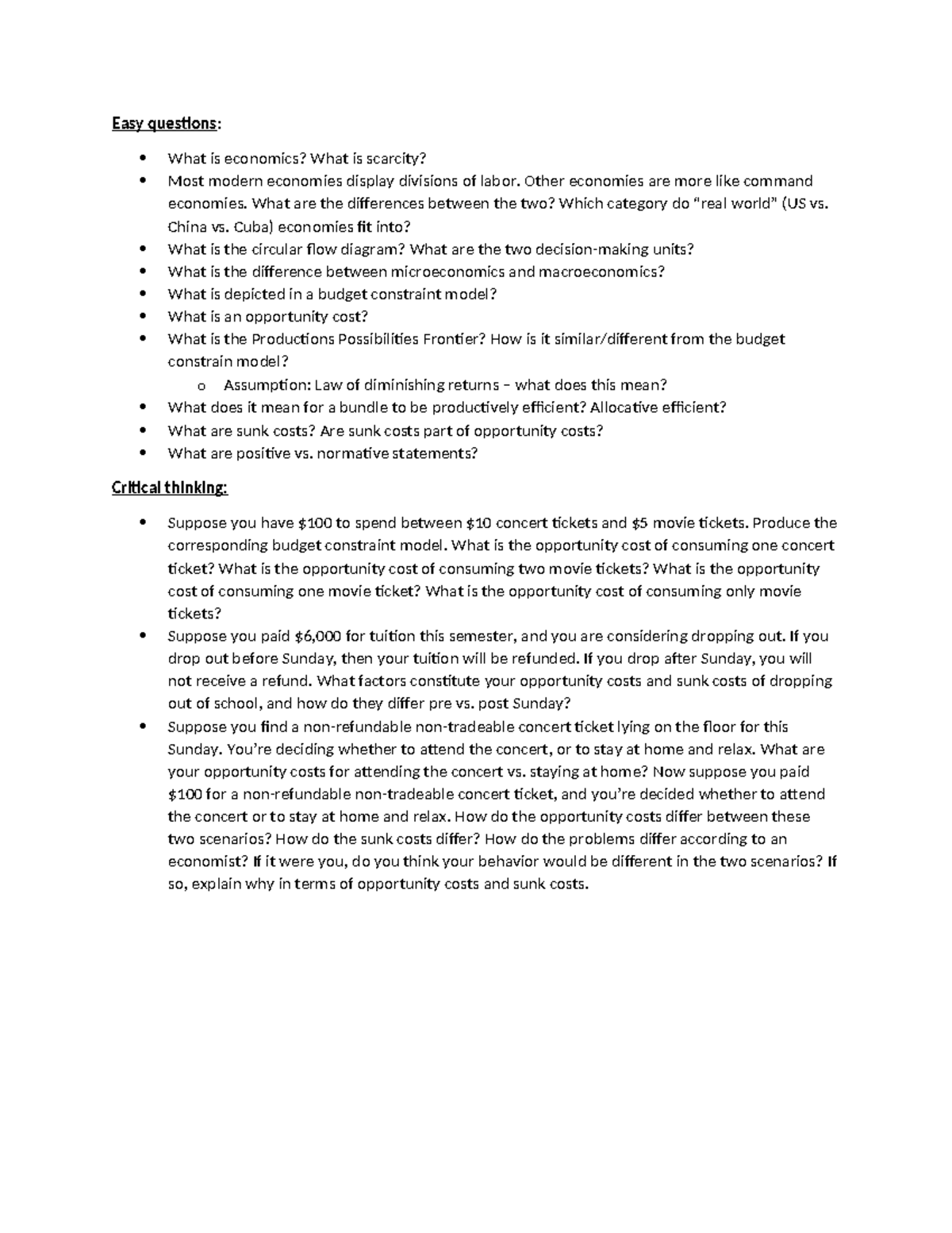 Economics Study Guide: Key Concepts & Critical Thinking Questions - Studocu