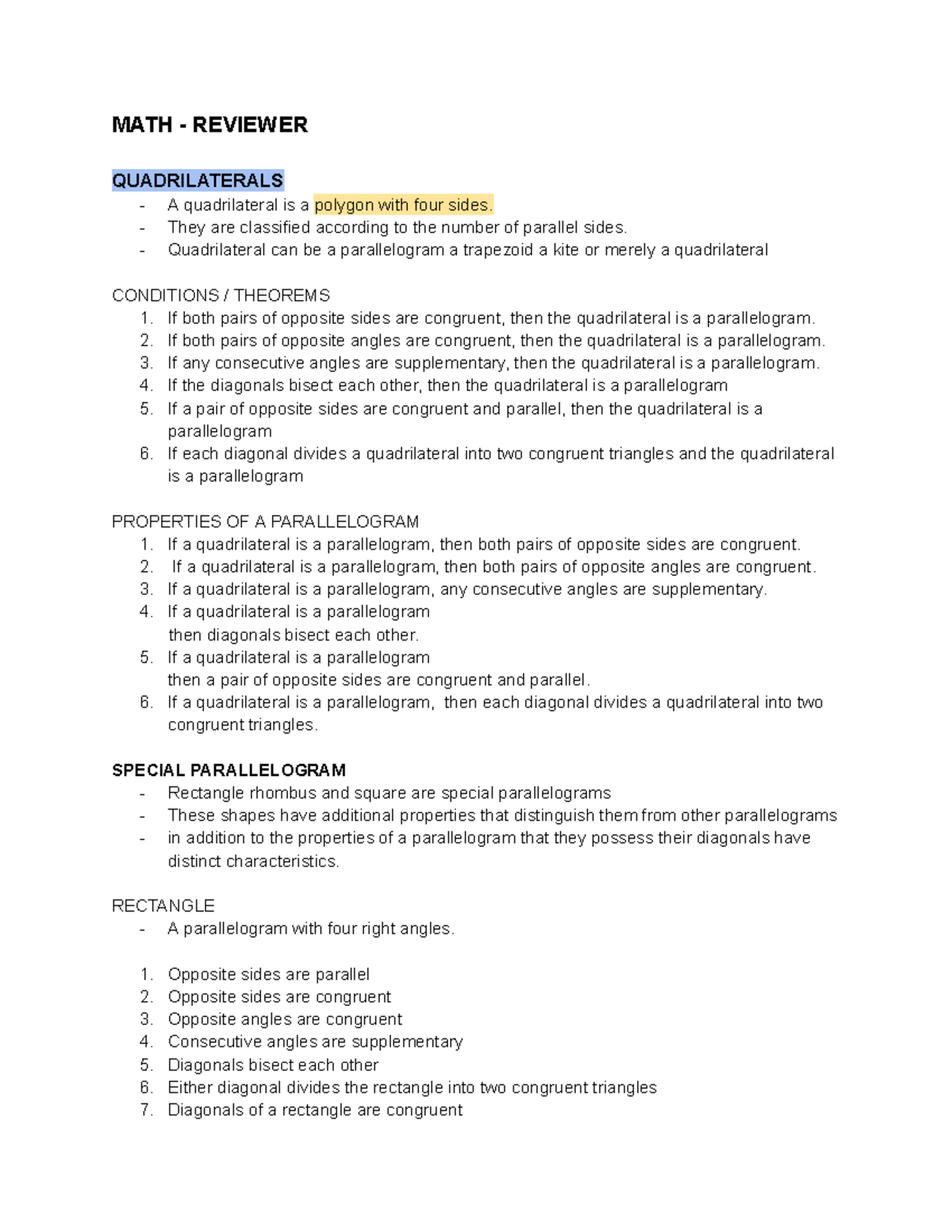 MATH Q3 Reviewer - Mmmkskzkz - MATH - REVIEWER QUADRILATERALS A ...