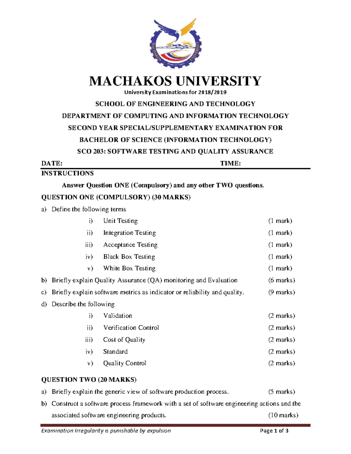 SCO 203: Software Testing Exam Paper - Machakos University - Studocu