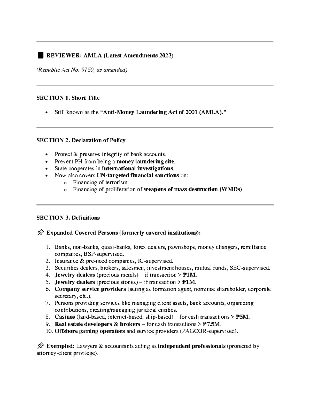 AMLA 2023 Amendments Reviewer: Key Changes and Highlights - Studocu