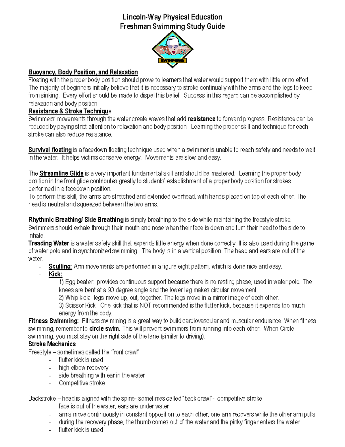 Lincoln-Way East PE 9th Grade Swimming Study Guide & Safety Tips - Studocu