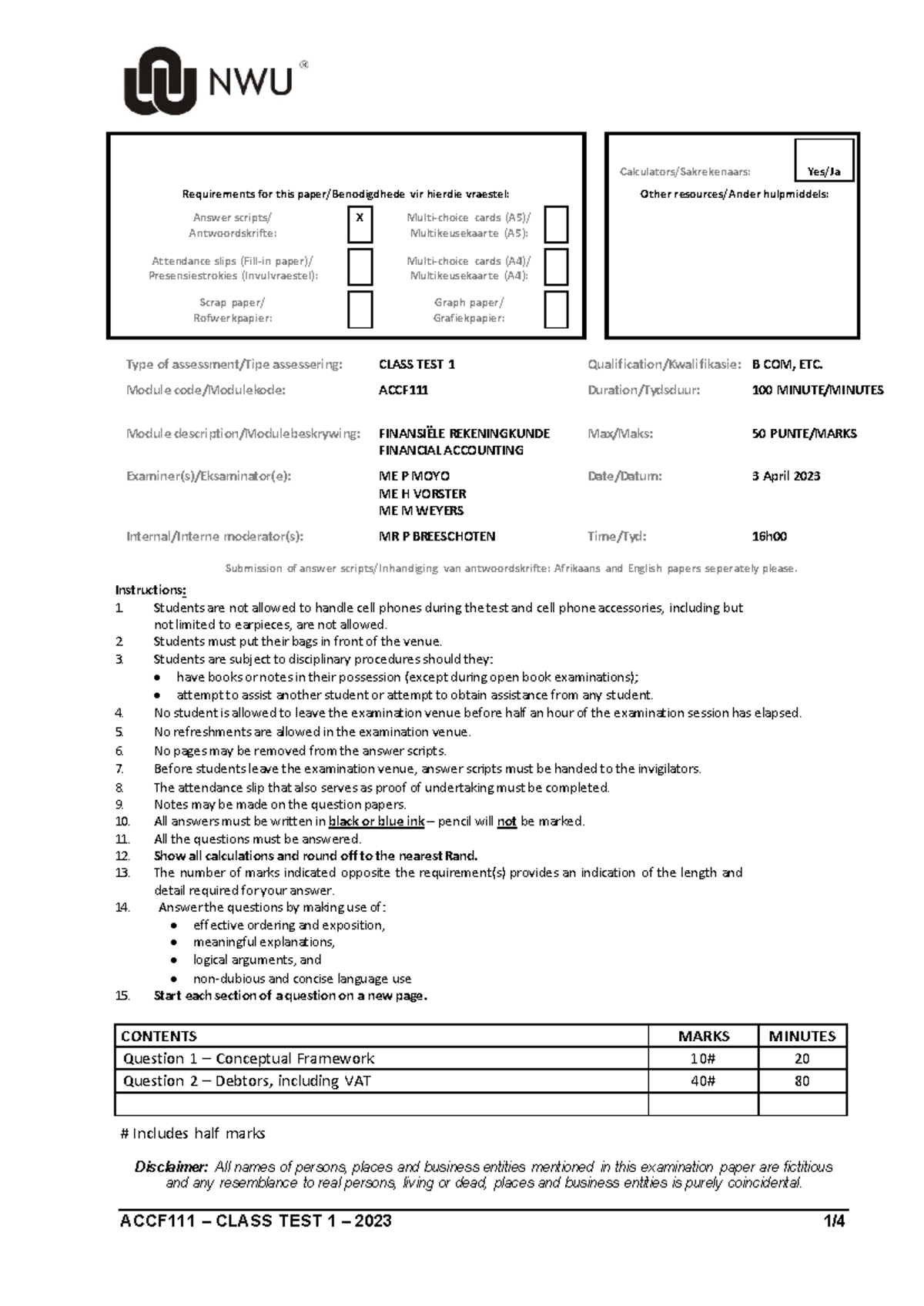 2023 ACCF 111 Class Test 1: Financial Accounting Requirements and ...