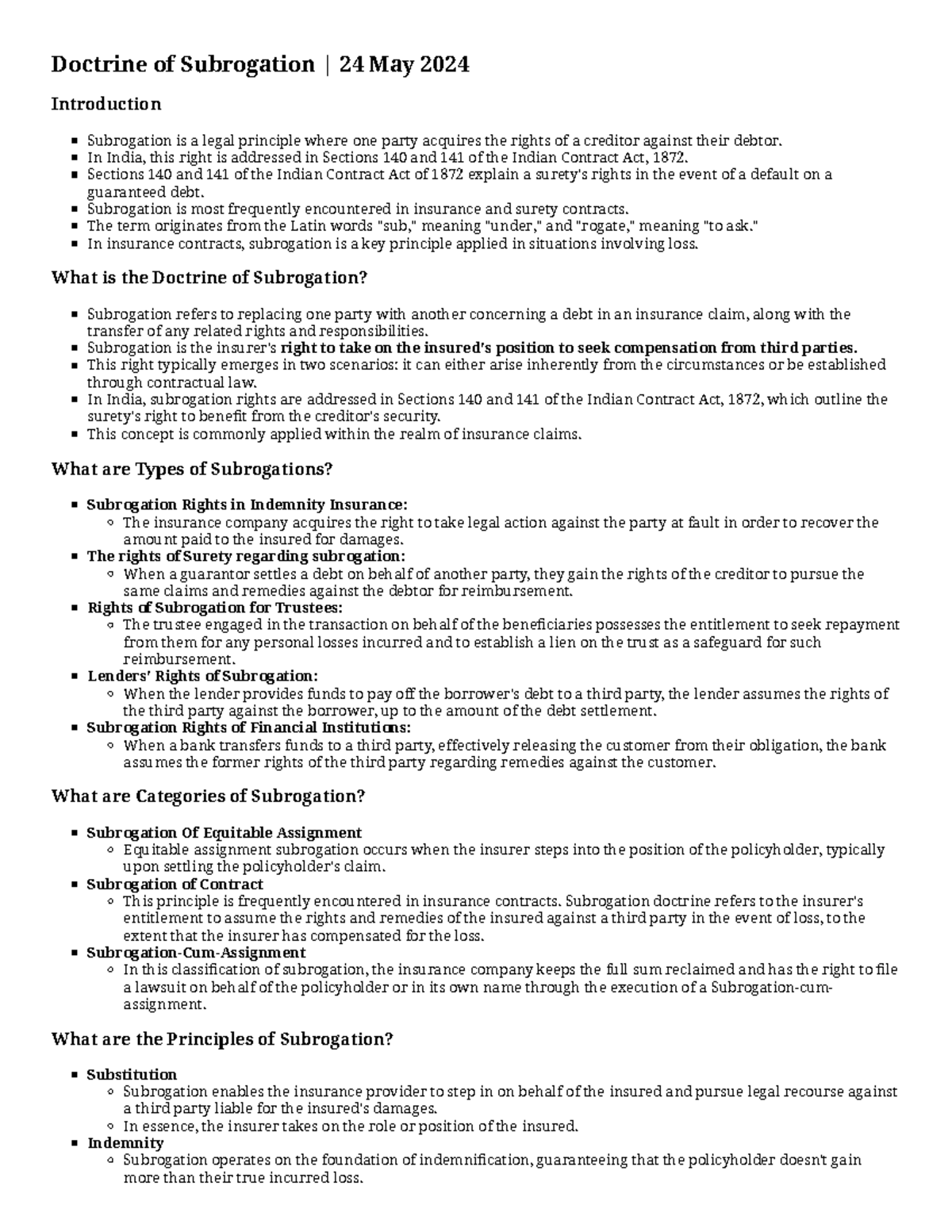 Doctrine of Subrogation: Legal Principles and Case Studies - Studocu