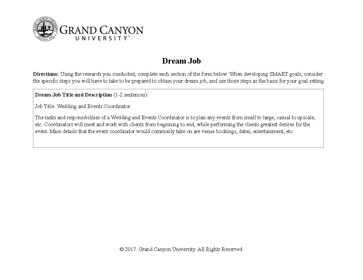 Dream Job Assignment: SMART Goals for HOS-200 Career Planning - Studocu