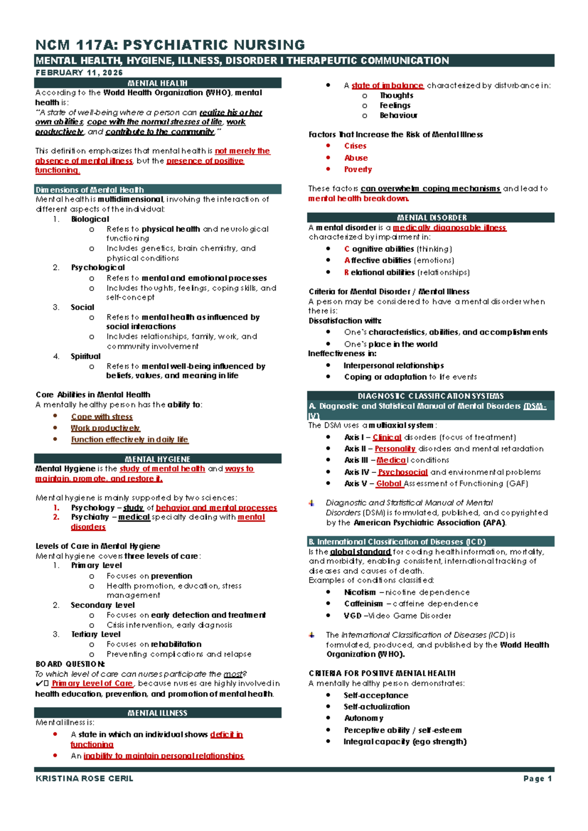 NCM 117A: Psychiatric Nursing - Mental Health & Therapeutic ...