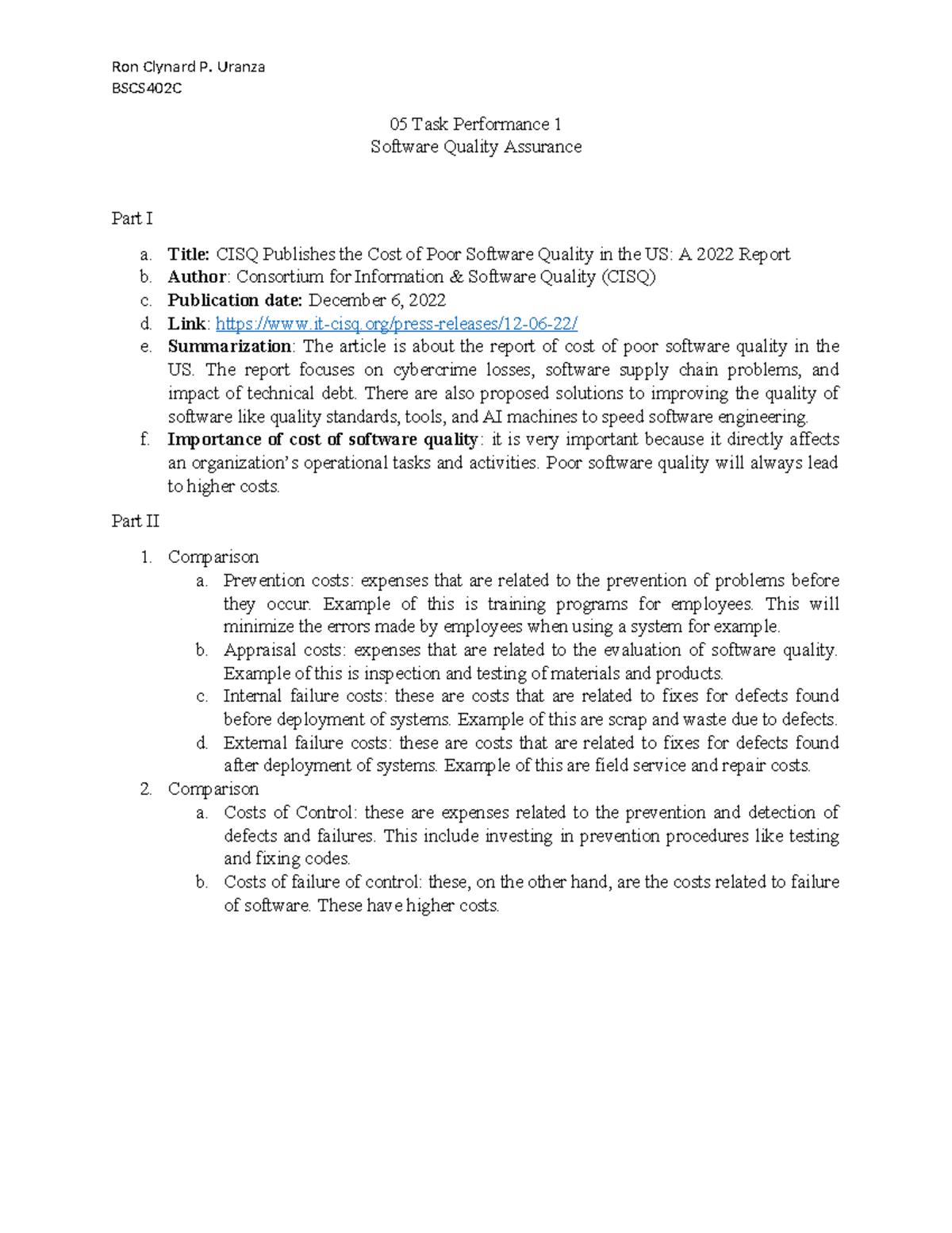 BSCS402C 05 Task Performance 1 - Software Quality Assurance Analysis ...