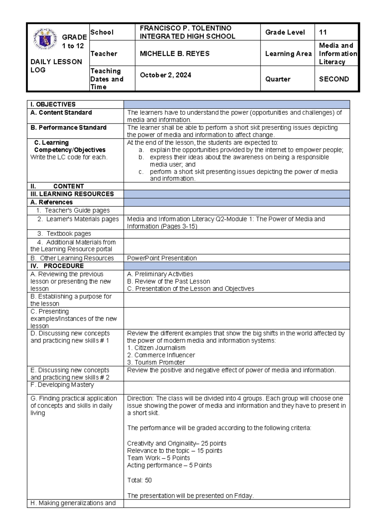 Q2 L11 Daily Lesson Log: Media & Information Literacy by M. Reyes - Studocu