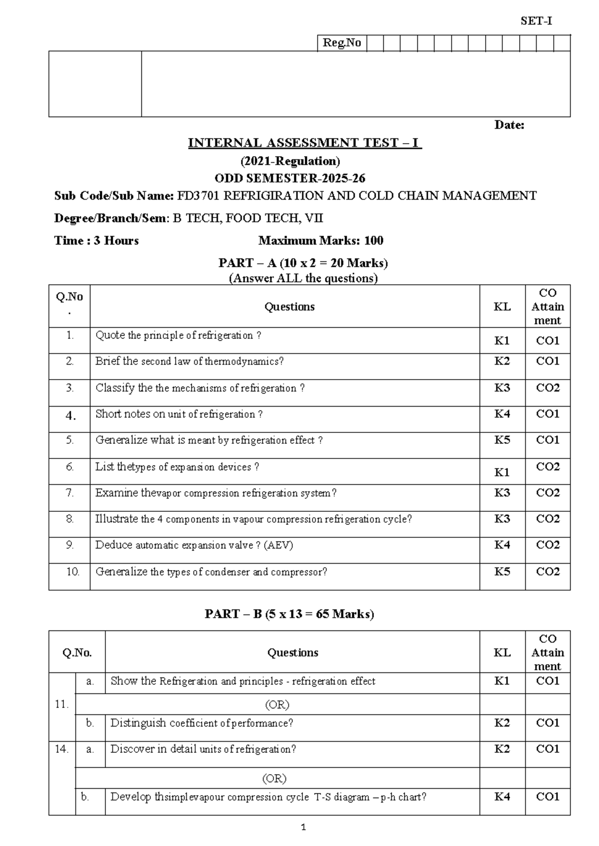 IAT-1 FD3701 Refrigeration & Cold Chain Management Questions - Studocu