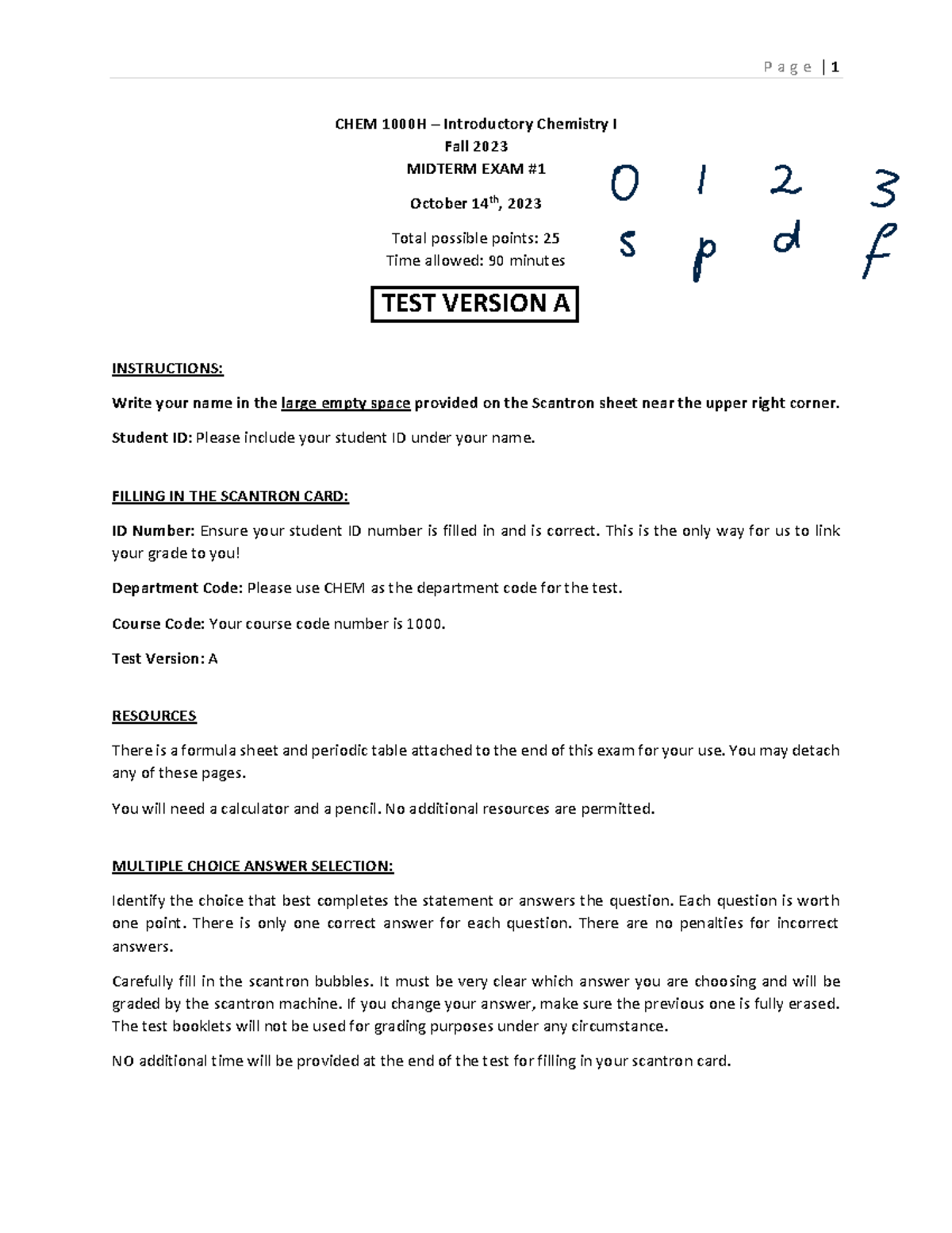 CHEM1000 FA2023 Midterm Exam 1 Formula Sheet and Instructions - Studocu