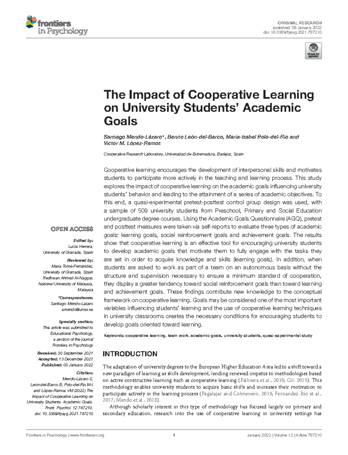 The impact of cooperative learning on academic goals in university ...
