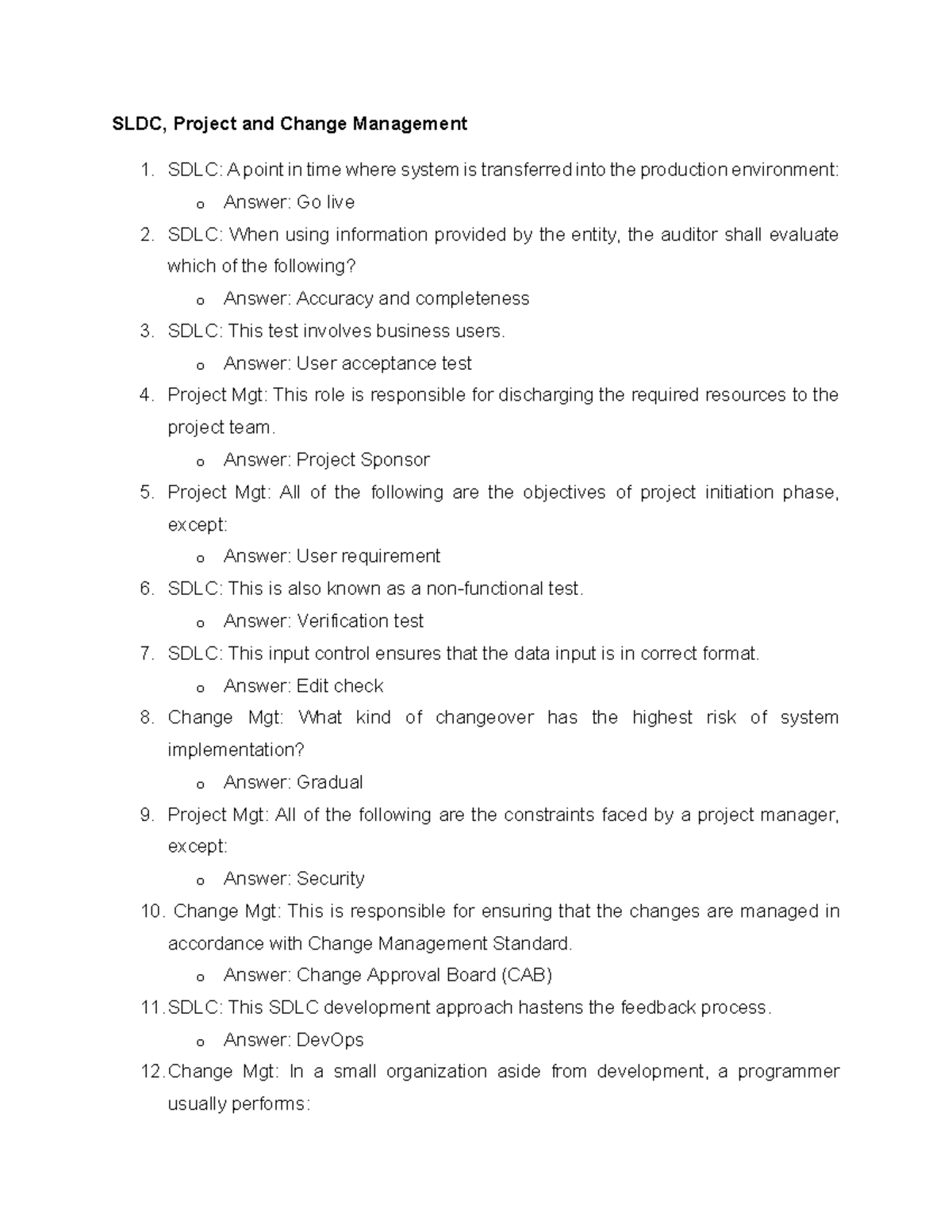SLDC, Project and Change Management Study Guide - Studocu