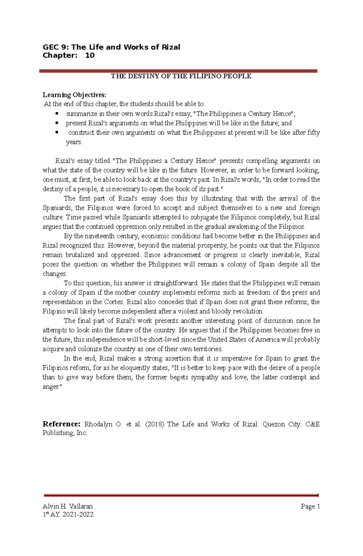 Lesson 10 - THE DESTINY OF THE FILIPINO PEOPLE Learning Objectives: At ...