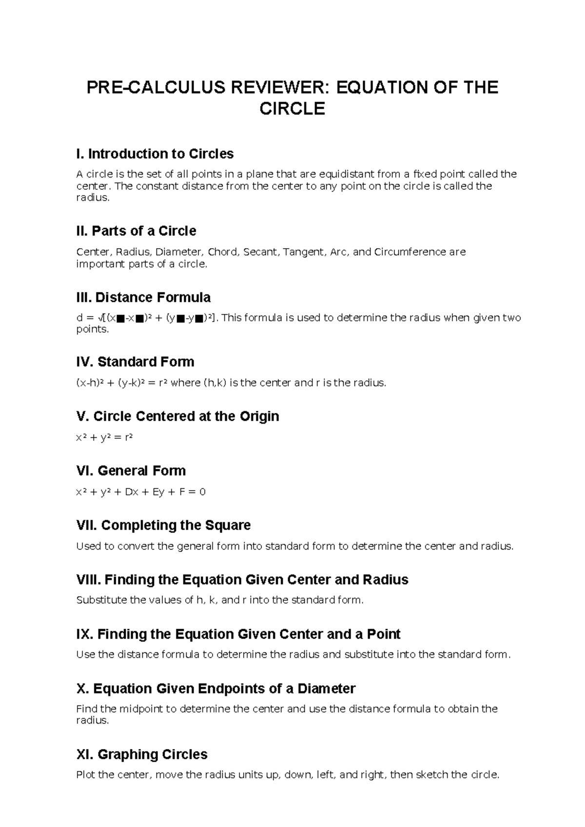 Precalculus: Equation of the Circle Reviewer - Studocu