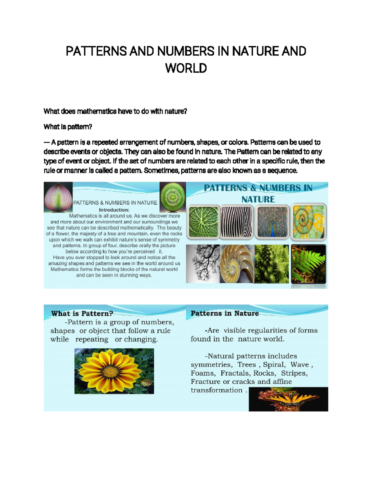 Patterns AND Numbers IN Nature AND THE World - PATTERNS AND NUMBERS IN ...